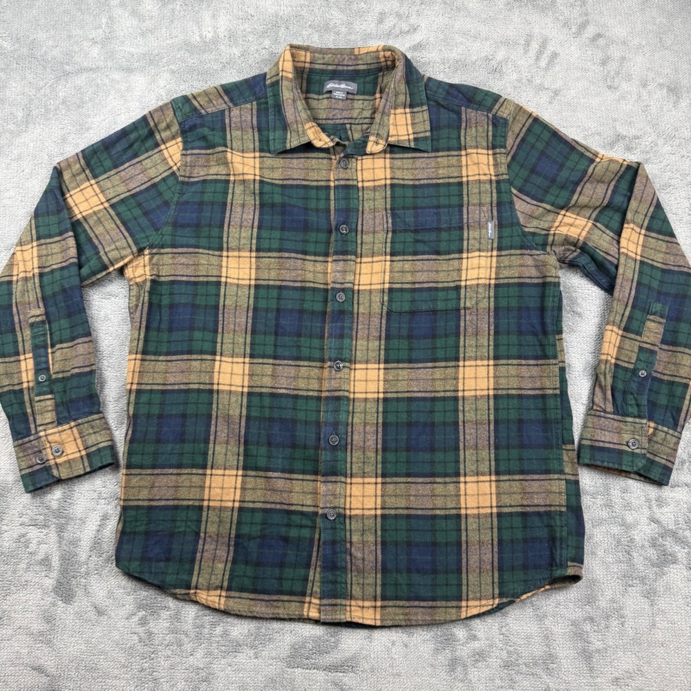 Eddie Bauer Mens XL Green Plaid Flannel Button Down Shirt Long Sleeve Cotton